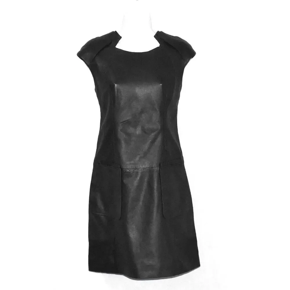 C0 Auth ETCETERA Black Genuine Leather Patch Pockets Short Sleeve Dress Size 2 - Picture 1 of 6